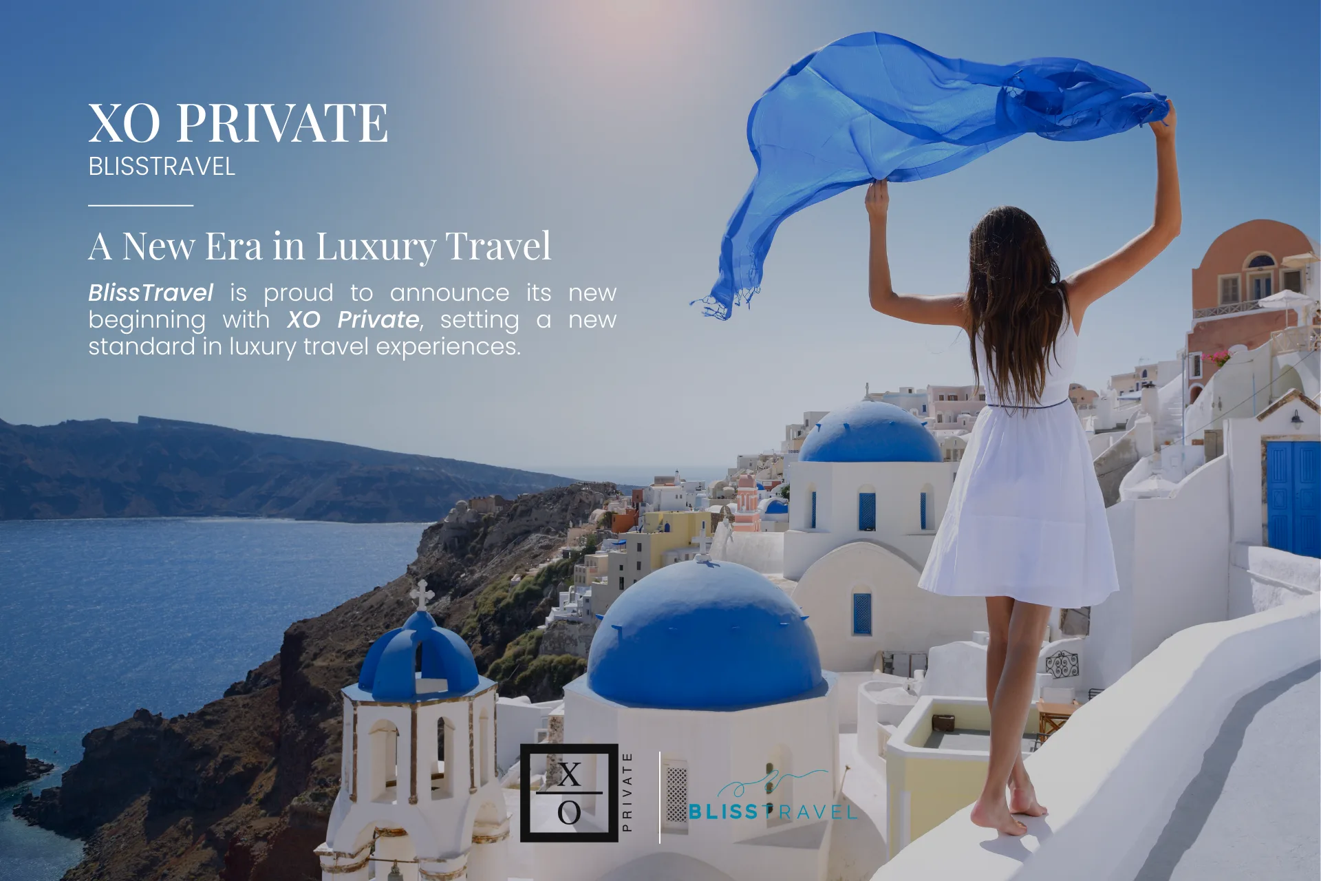 Woman with blue veil walking in Santorini island